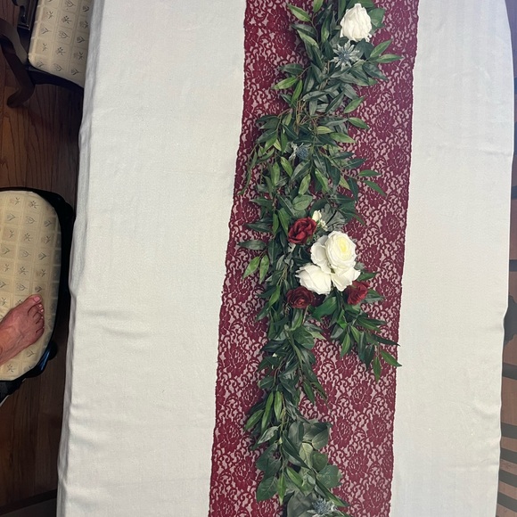 Red Lace Table Runner with Floral Garland